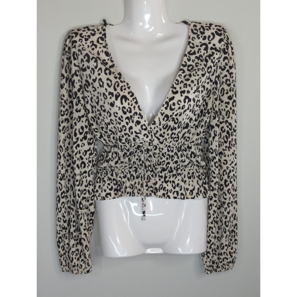 Zara Cream & Black Leopard Printed Cropped Blouse Womens‎ S Mob Wife Y2K